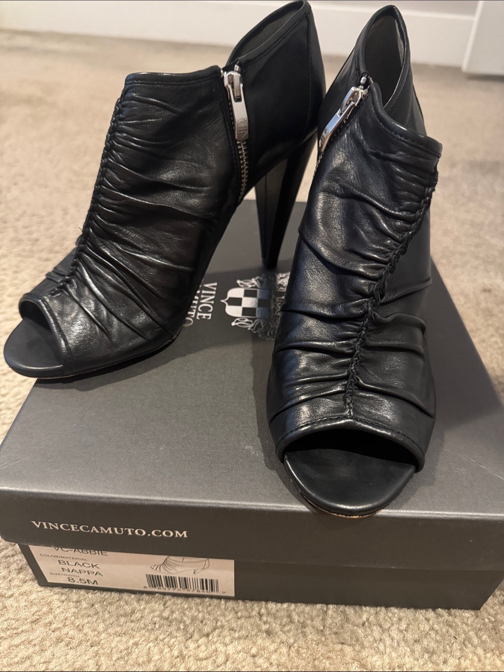 Vince Camuto Black Ruched Leather Peep-Toe Booties with Side Zip